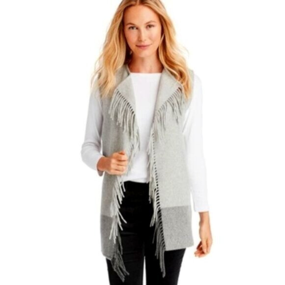 Vineyard Vines Open Front Grey Wool Fringe Vest - Picture 1 of 7